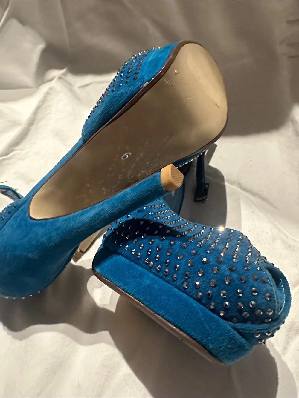 Jeffrey Campbell Teal Blue Crystal Peep-Toe Ankle Strap Heels